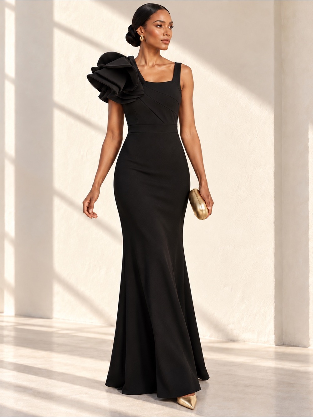 Lulus Lucette Black Statement Ruffle Shoulder Mermaid Evening Gown Sz XS